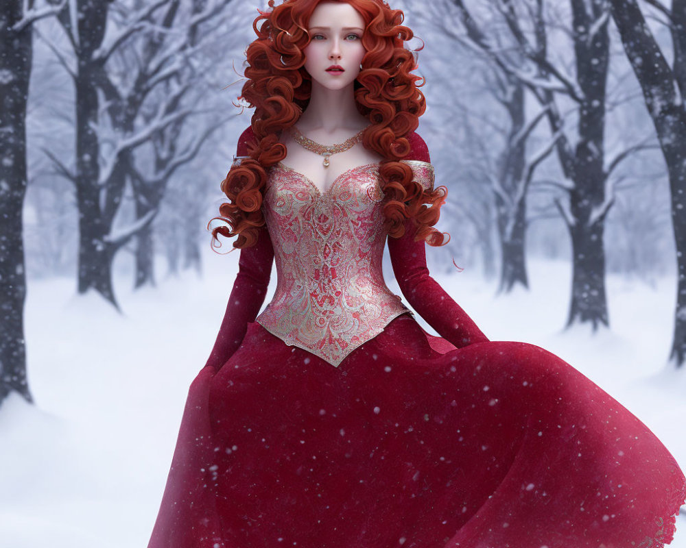 Regal woman with red hair and crown in snowy forest wearing elegant red gown