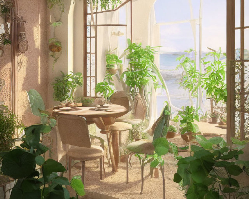 Seaside cafe corner with lush green plants and ocean view