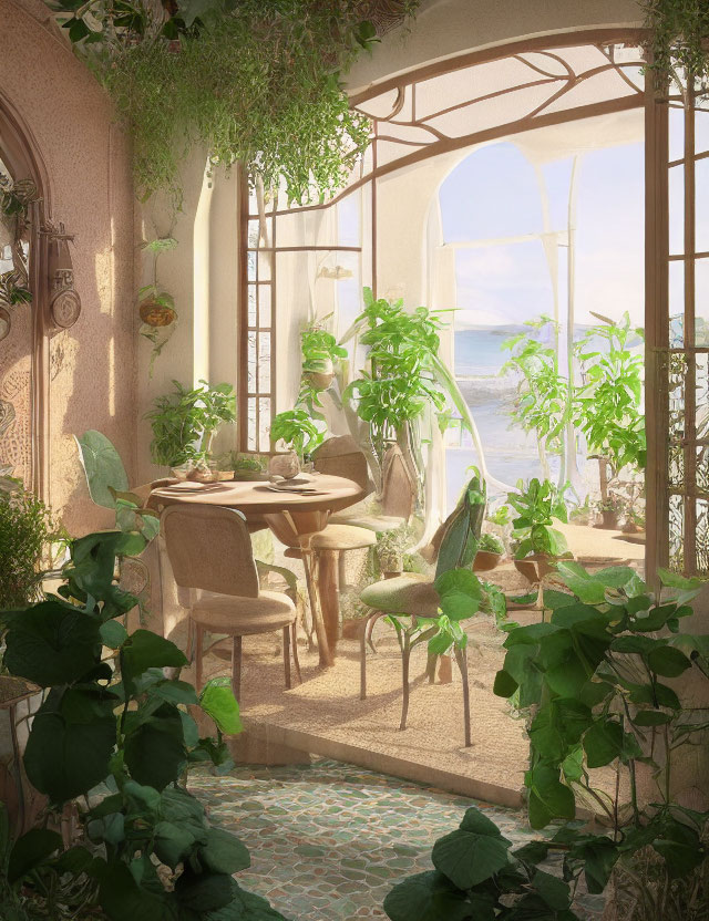 Seaside cafe corner with lush green plants and ocean view