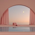 Pastel Pink Room with Arch Window Overlooking Sea & Sunset Hues