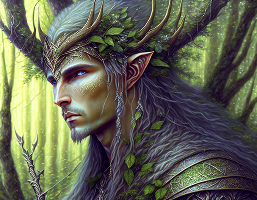 Elf with Antlers in Intricate Armor Among Forest Backdrop