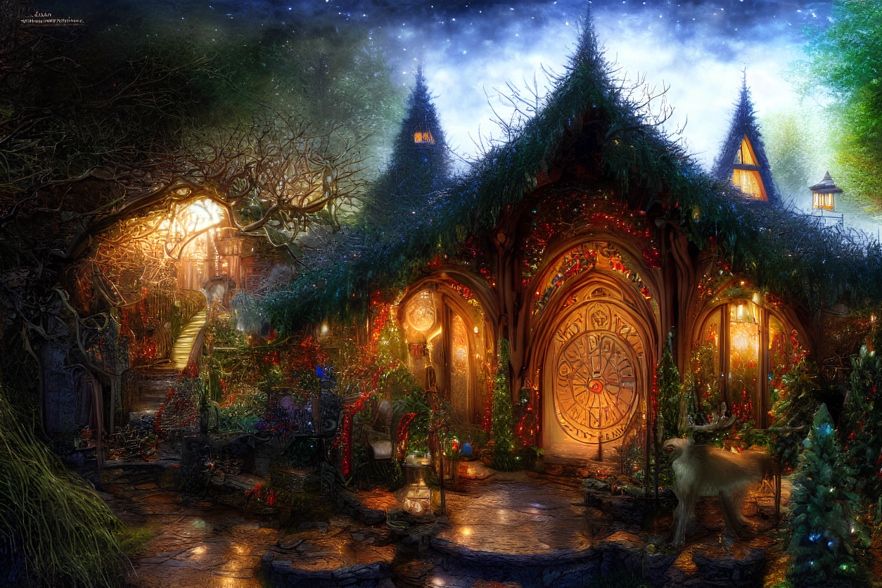 Intricate Doors and Festive Lights in Fairy-Tale Cottage