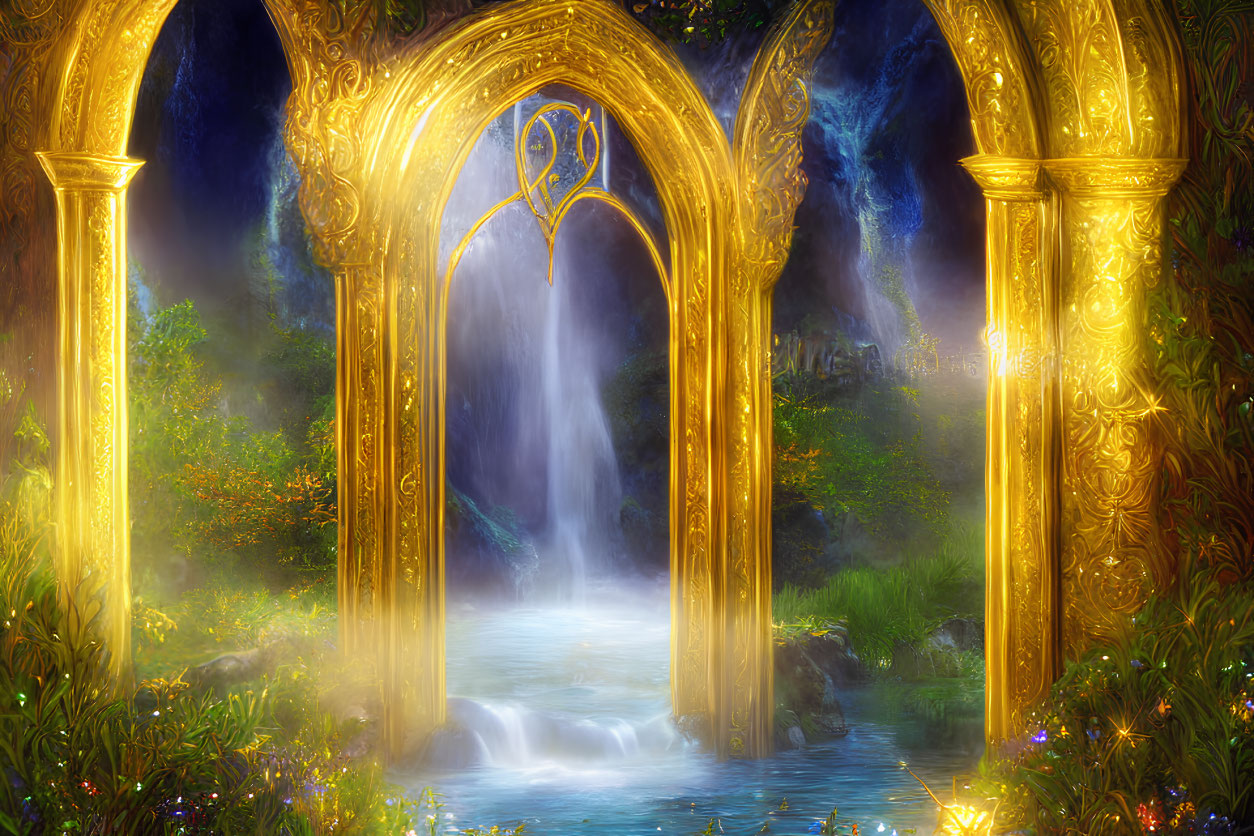 Golden gate leading to magical landscape with waterfall, river, lush greenery, and glowing flowers at twilight