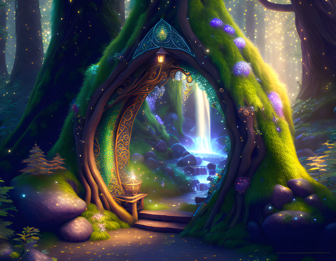 Enchanting tree with carved door, mystical symbols, lantern, magical forest, waterfall, glowing orbs