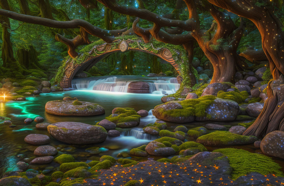 Tranquil forest scene with stone arch bridge and waterfall