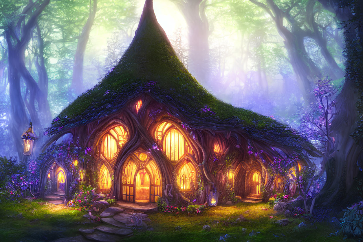 Glowing windows in enchanted forest cottage under mystical light