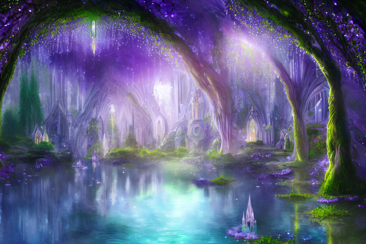 Vivid Purple and Blue Magical Forest with Glowing Trees