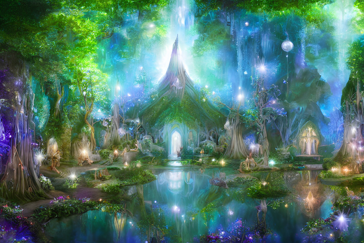 Vividly colored fantasy forest with magical lights and whimsical treehouses