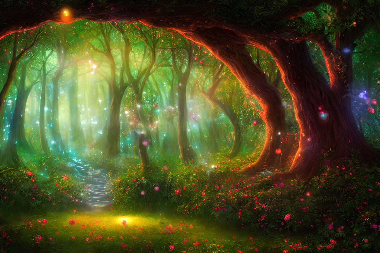 Vibrant mystical forest with glowing orbs, sunlit path, and enchanting flowers