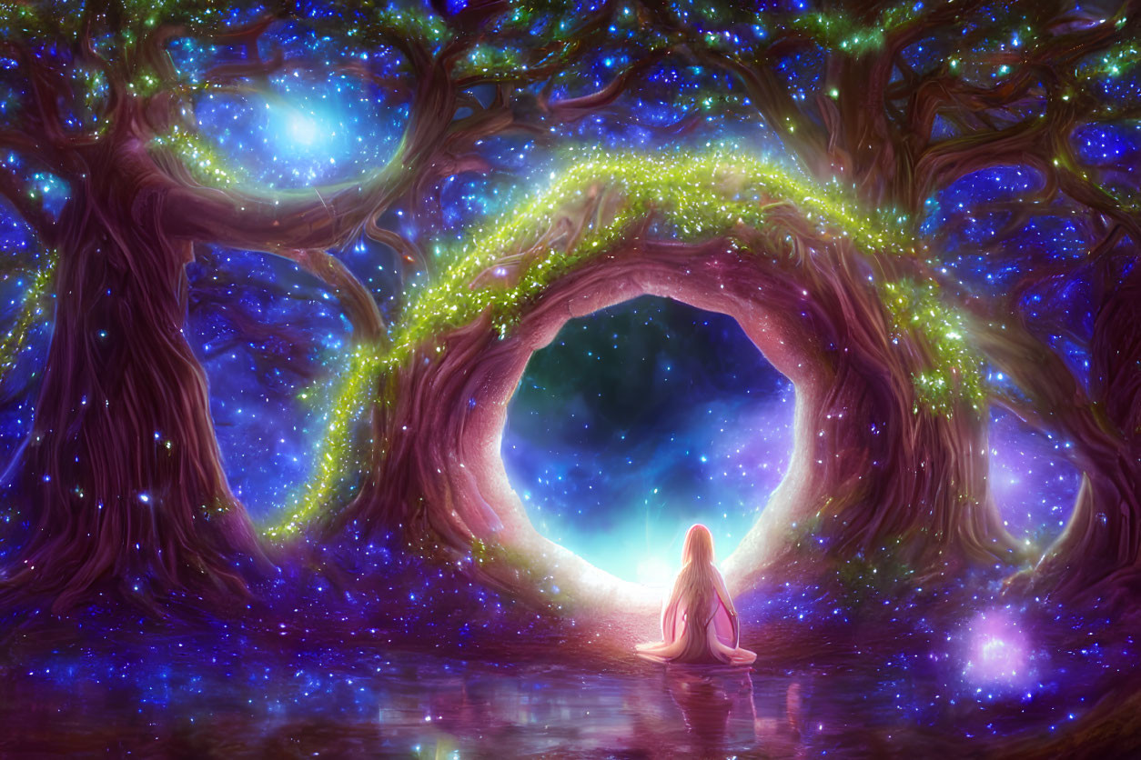 Person in Pink Cloak Reflects by Starry Portal and Mystical Trees