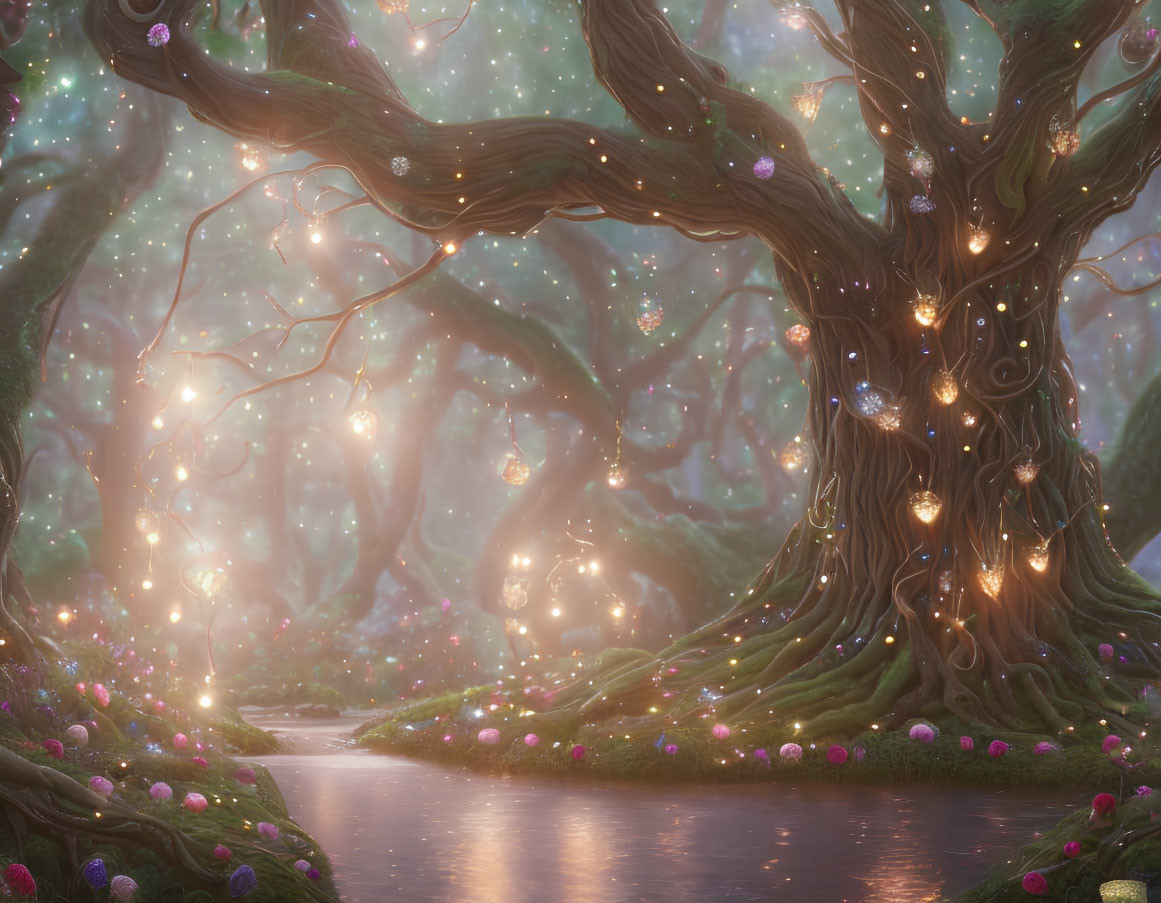 Enchanting forest scene with twisted tree, glowing lights, pink flowers, and serene river