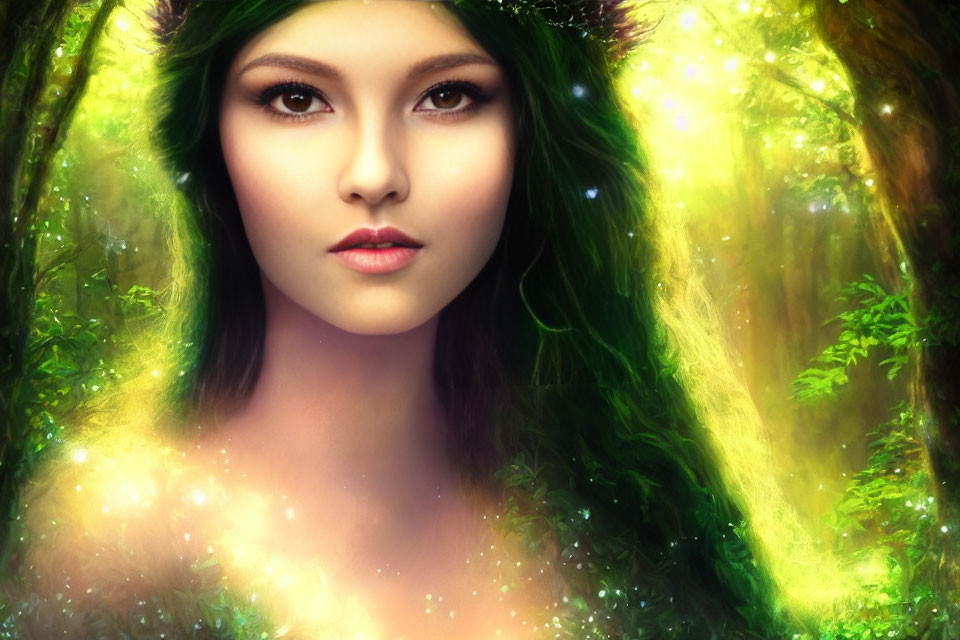 Portrait of Woman with Green Hair in Enchanted Forest Setting