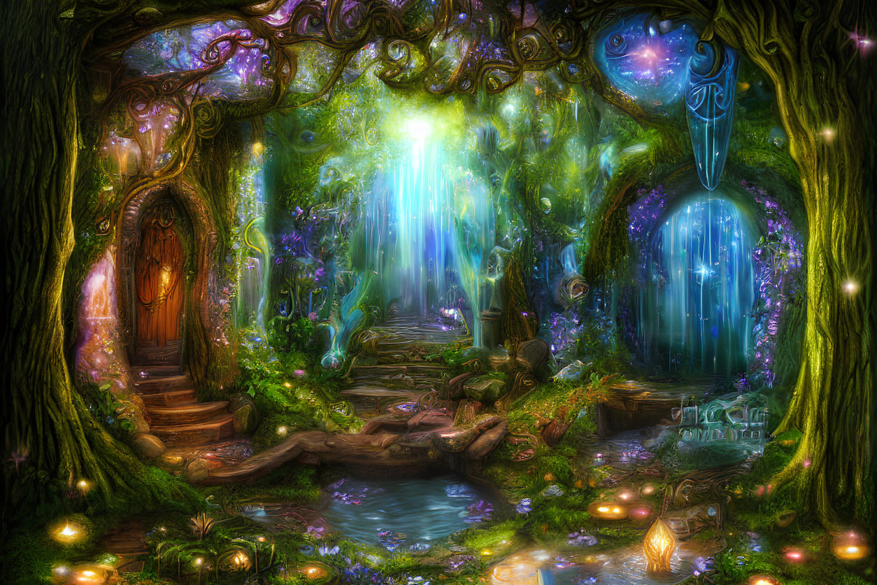 Enchanting forest glade with luminous trees and magical elements