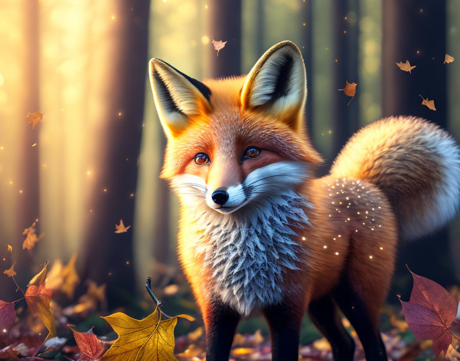 Red Fox in Sunlit Forest with Floating Leaves and Sparkles