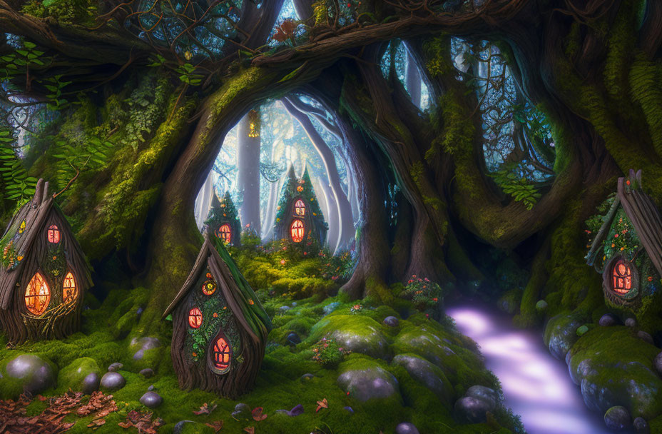 Whimsical fairy houses in enchanted forest scene