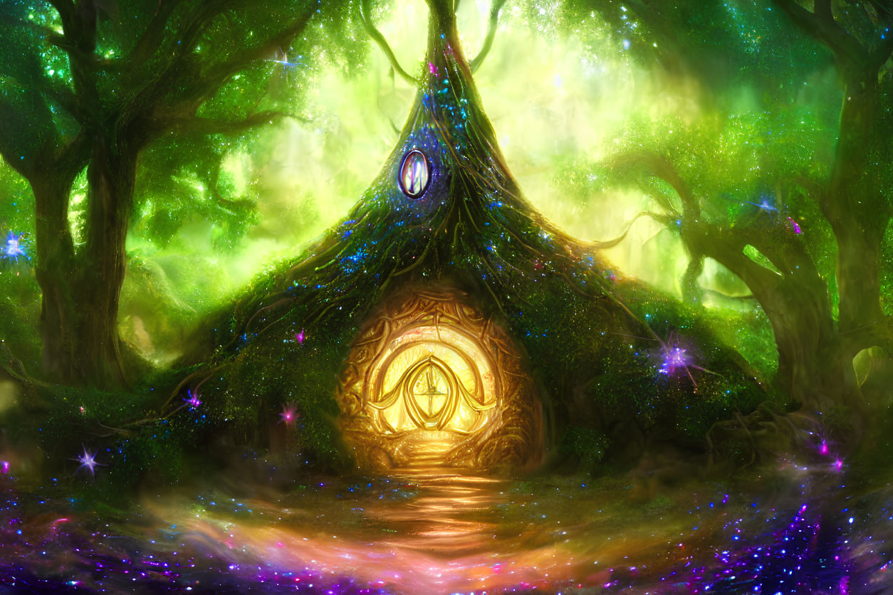 Glowing forest with mystical structure and peacock feather design