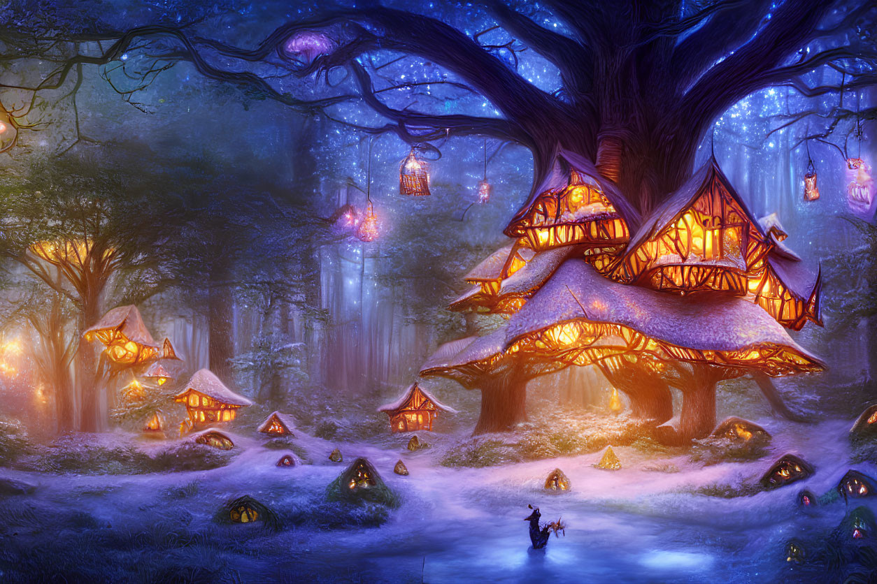 Enchanting fantasy forest with glowing mushroom houses and mystical figure