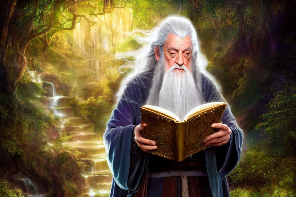 Elderly wizard reading golden book in enchanted forest