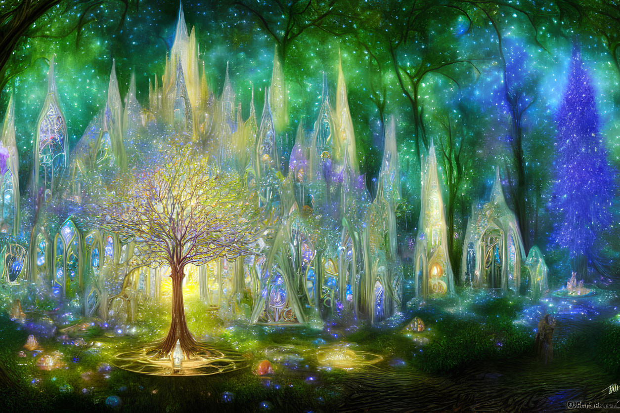 Luminescent Trees in Magical Forest with Ethereal Center Tree