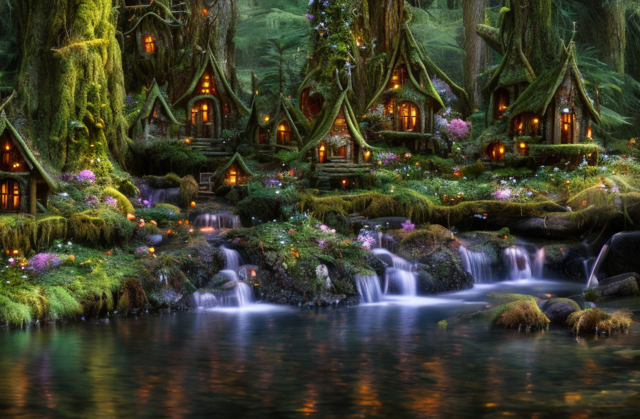 Tranquil Twilight Forest with Treehouses, Waterfalls, and River