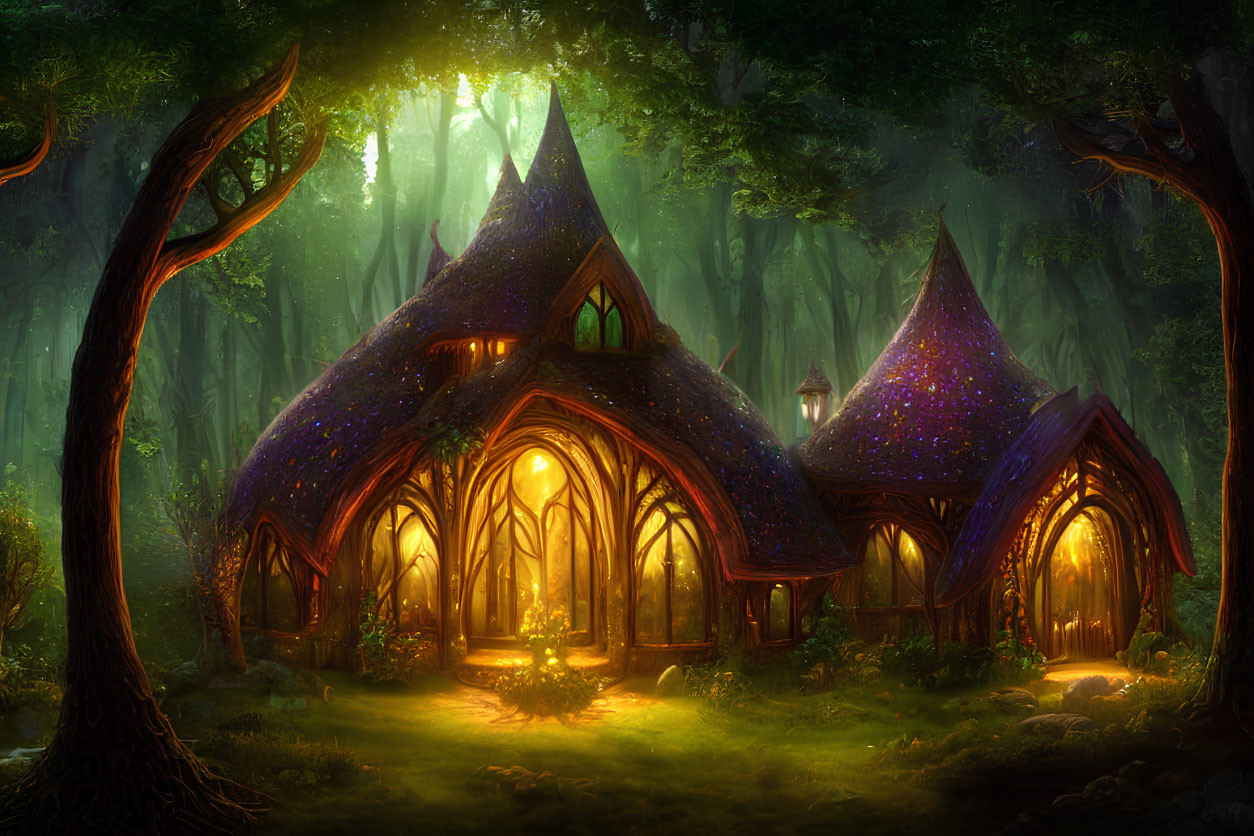 Enchanted Forest Setting with Glowing Rooftop Cottages