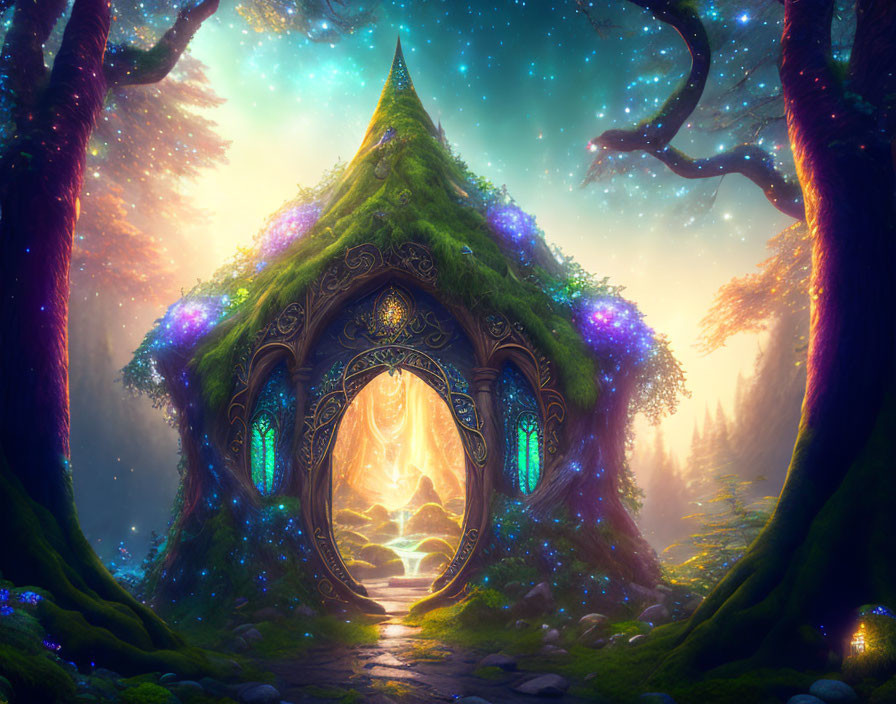 Enchanted forest gateway with vivid starlit sky and mystical glowing accents.