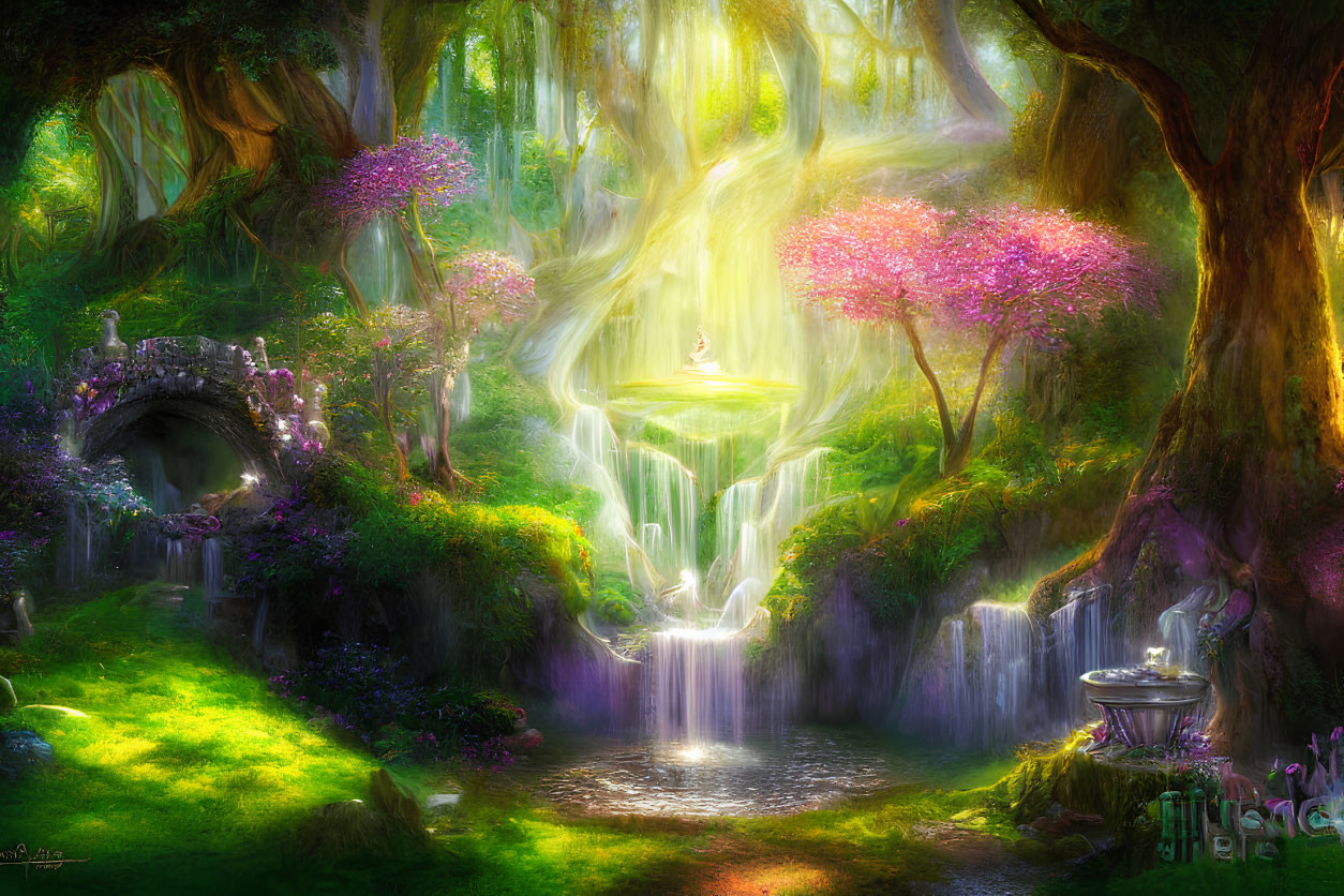 Vibrant forest scene with waterfall, purple trees, and stone bridge