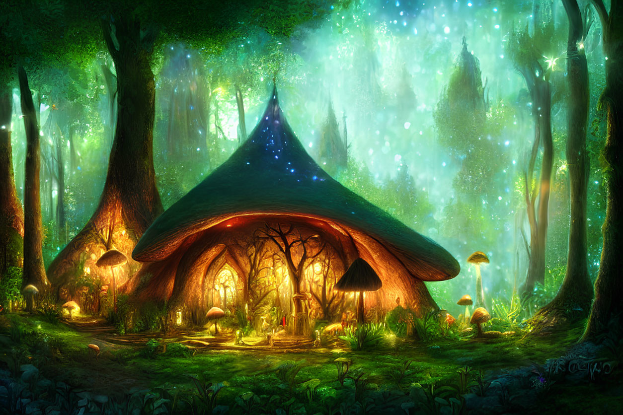 Enchanting forest glade with mushroom-shaped house and glowing lanterns