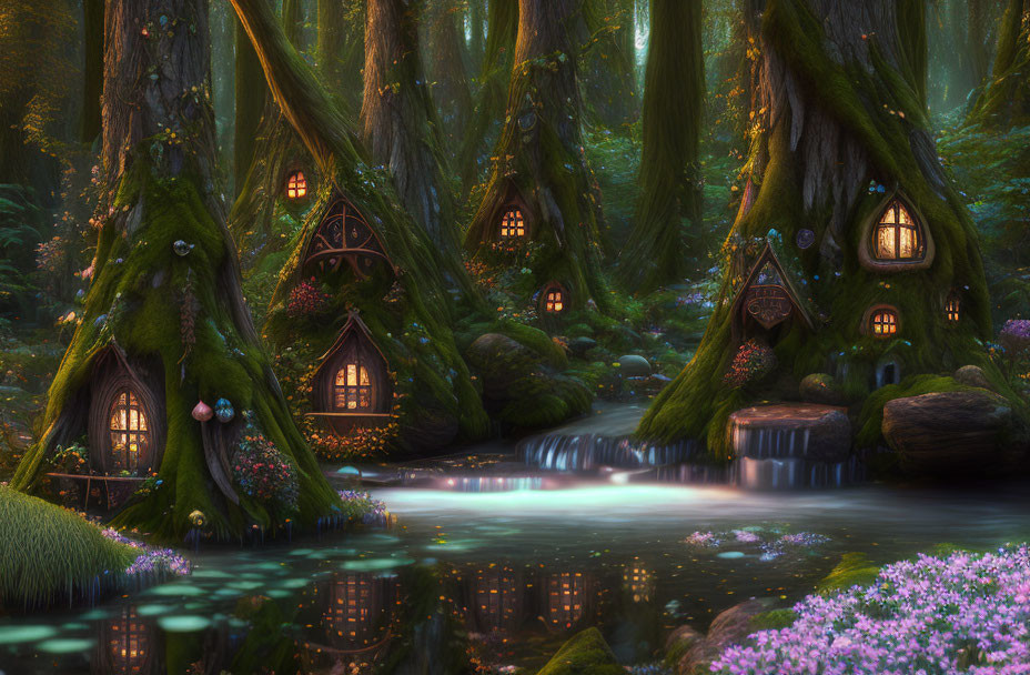 Fairytale treehouses in an enchanted forest with glowing windows and a tranquil stream