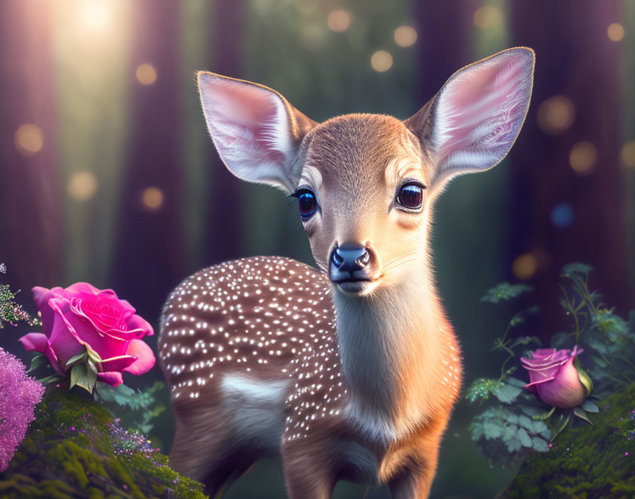 Young deer in mystical forest with expressive eyes and flowers.