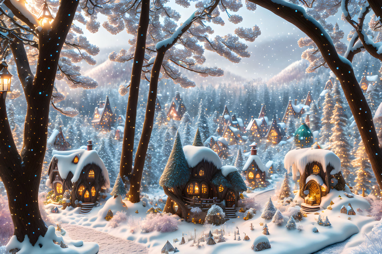 Snow-covered winter village with cozy cottages and glowing lanterns