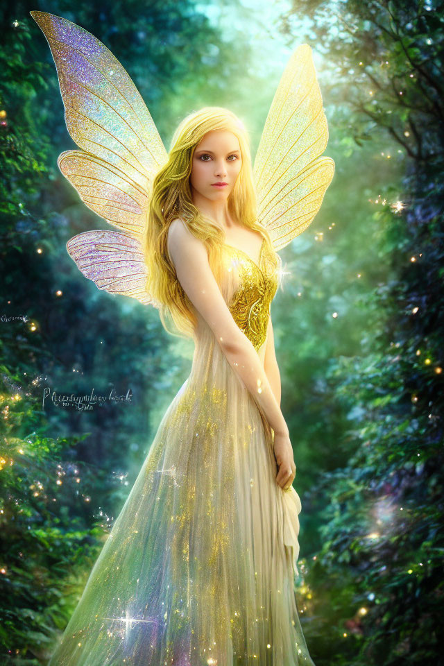 Radiant fairy with iridescent wings in magical forest glade