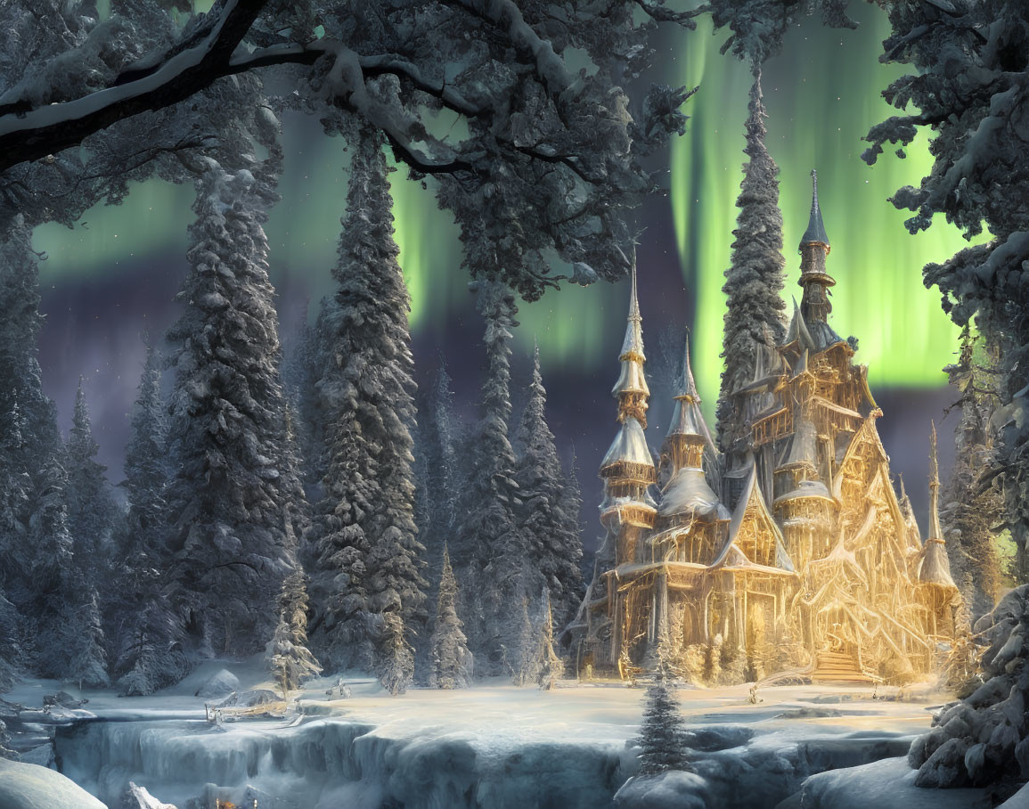 Snow-covered castle in wintery forest with Northern Lights