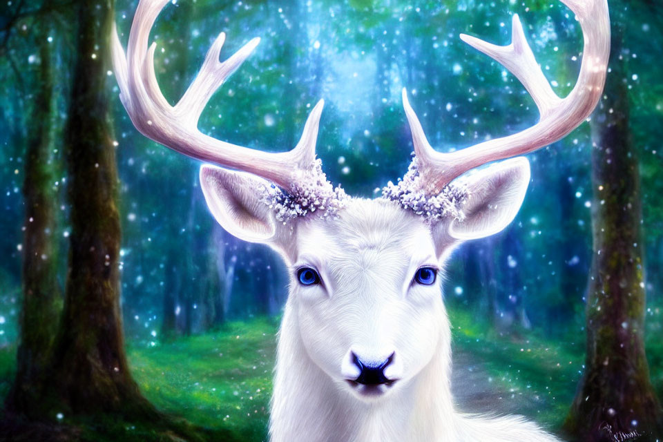 Mystical white deer with large antlers in magical blue forest