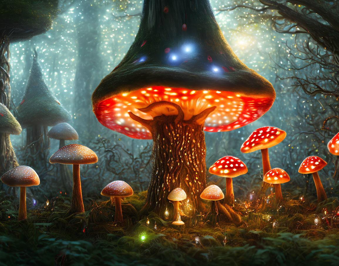 Enchanted forest glade with glowing red-capped mushrooms and magical tree