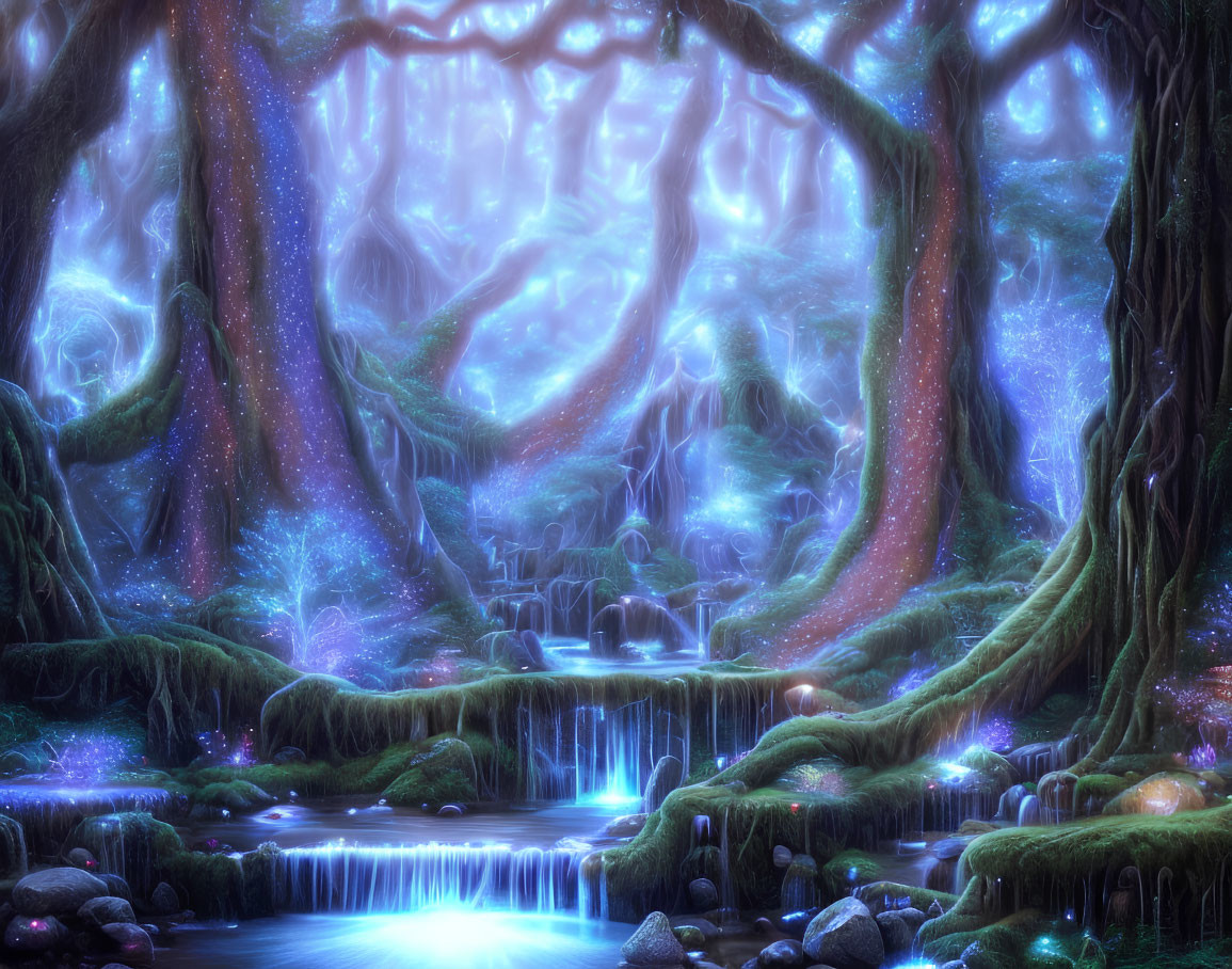 Majestic Enchanted Forest with Glowing Foliage and Waterfall