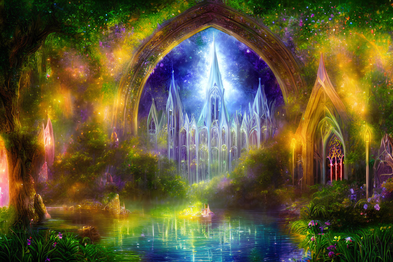 Vibrant fantasy landscape with Gothic cathedral and lush flora