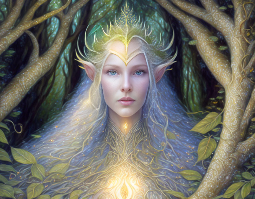 Ethereal elf with pointed ears and golden crown in nature setting