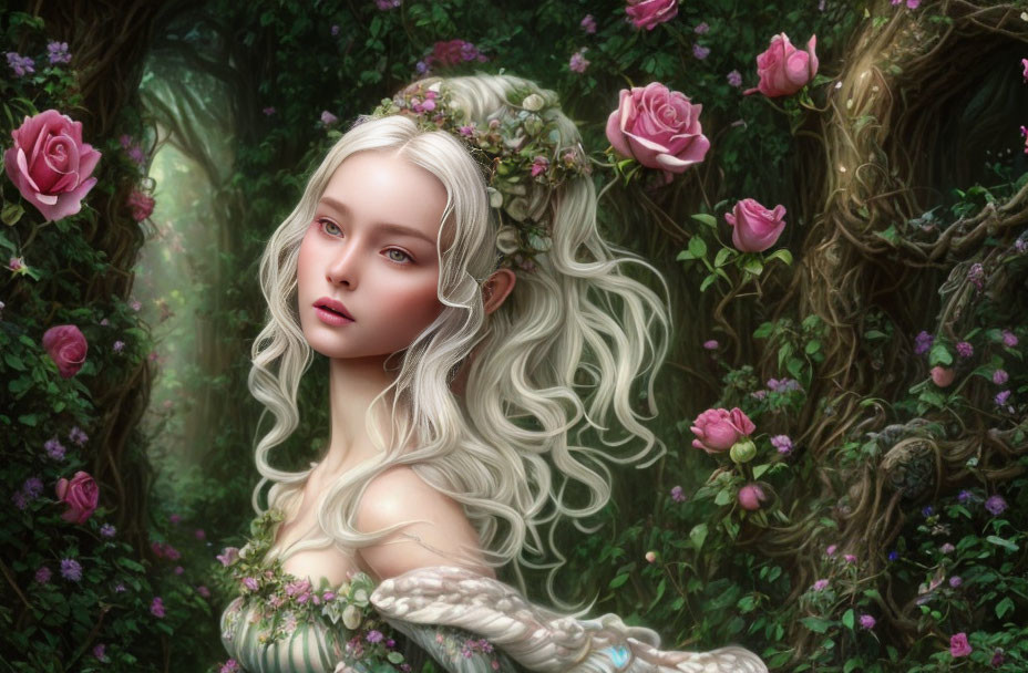 Ethereal woman with white hair in mystical rose forest