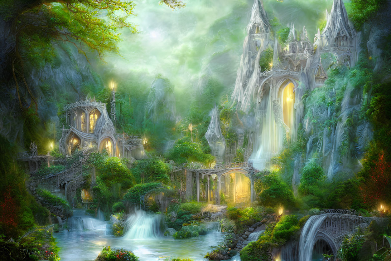 Majestic castle in ethereal fantasy landscape with lush woods and waterfalls