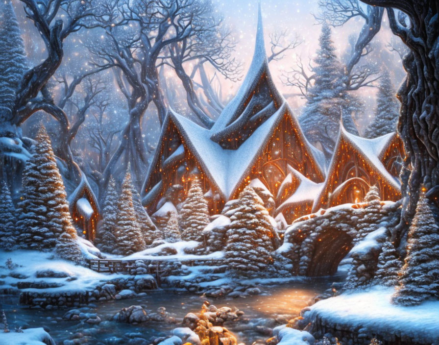 Fantasy cottages in snow-covered winter scene