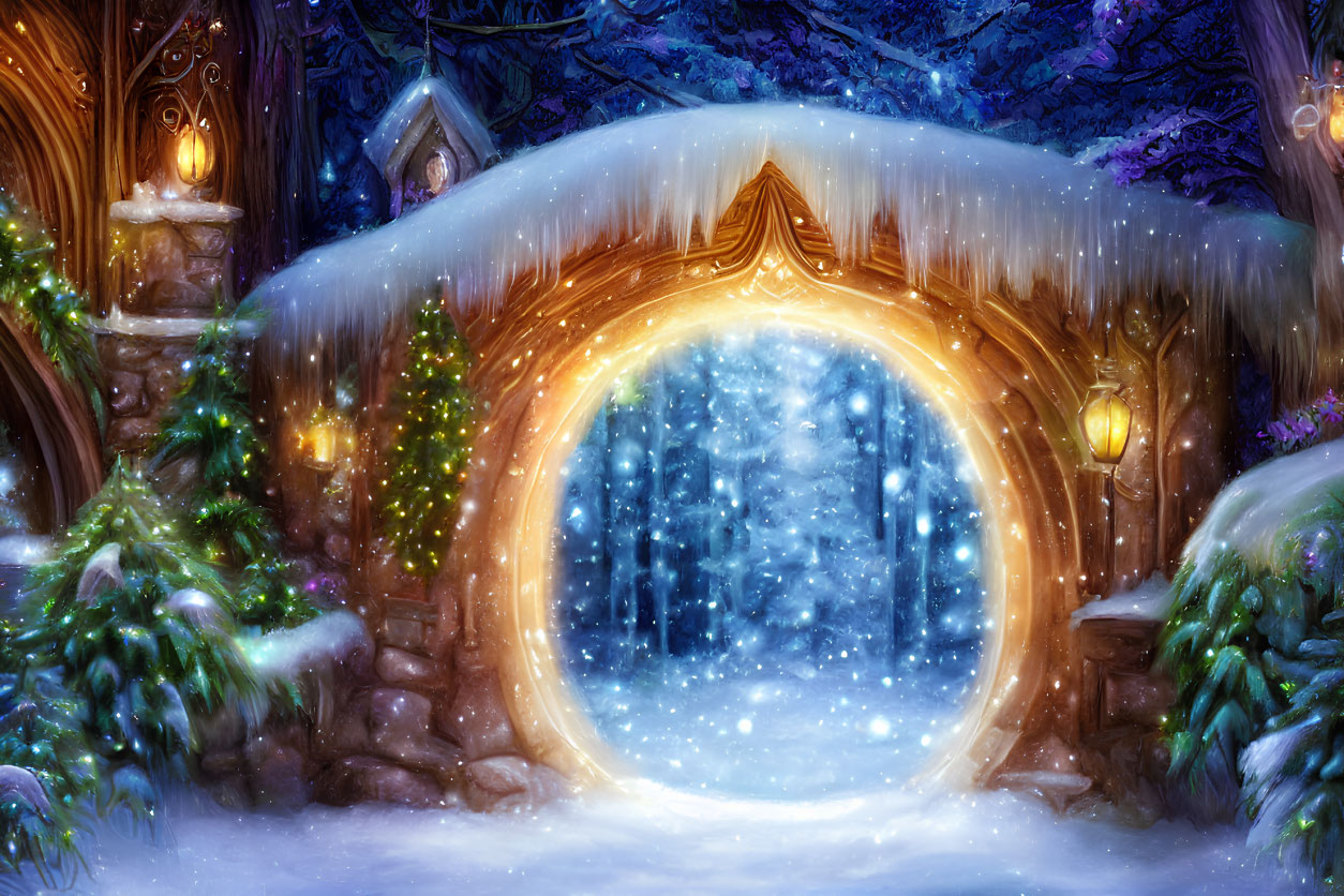 Winter scene with glowing golden portal, lantern-lit trees, wooden cottage, and starry sky.