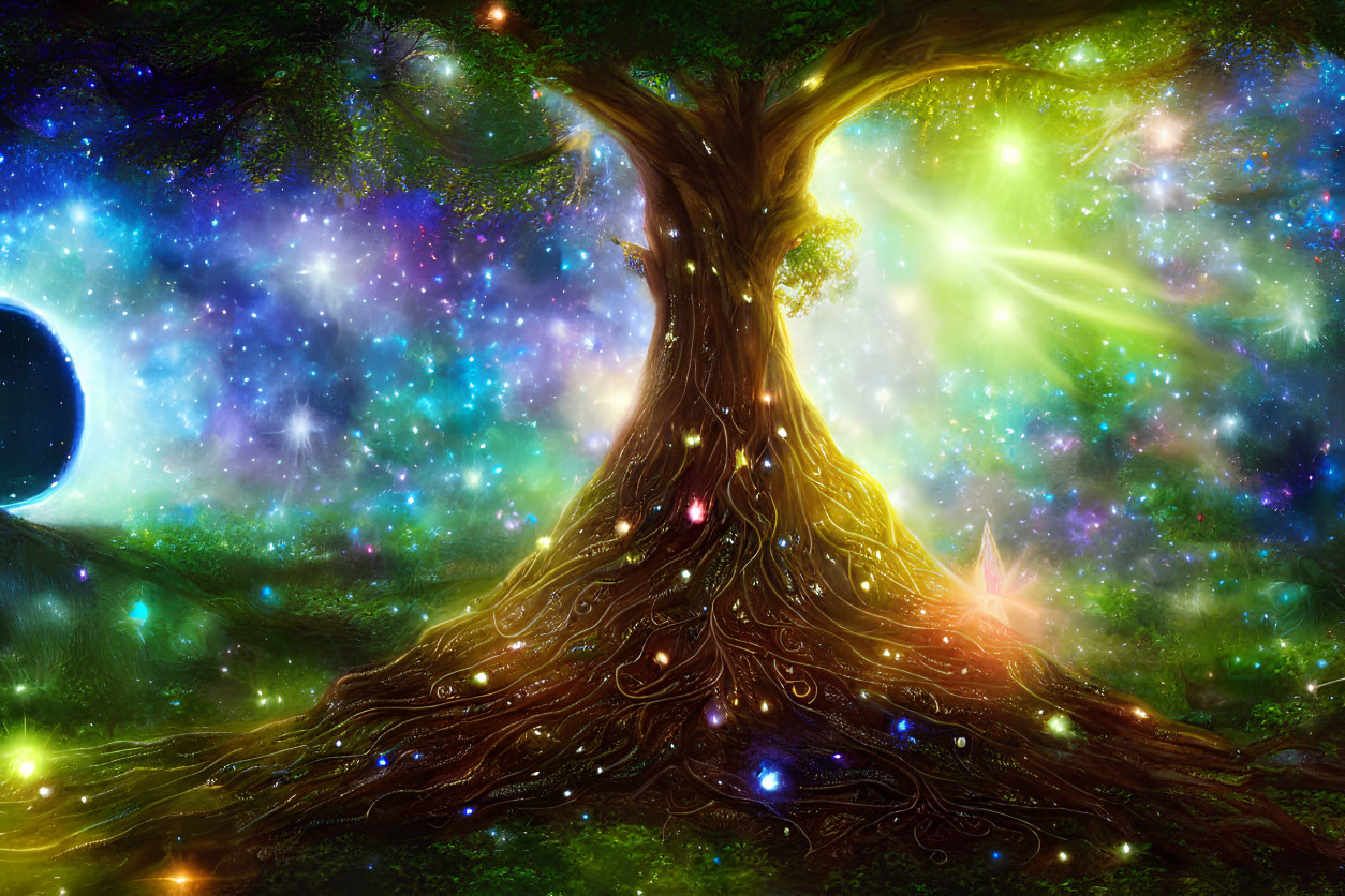 Majestic tree with glowing roots in starry cosmos and nebulae