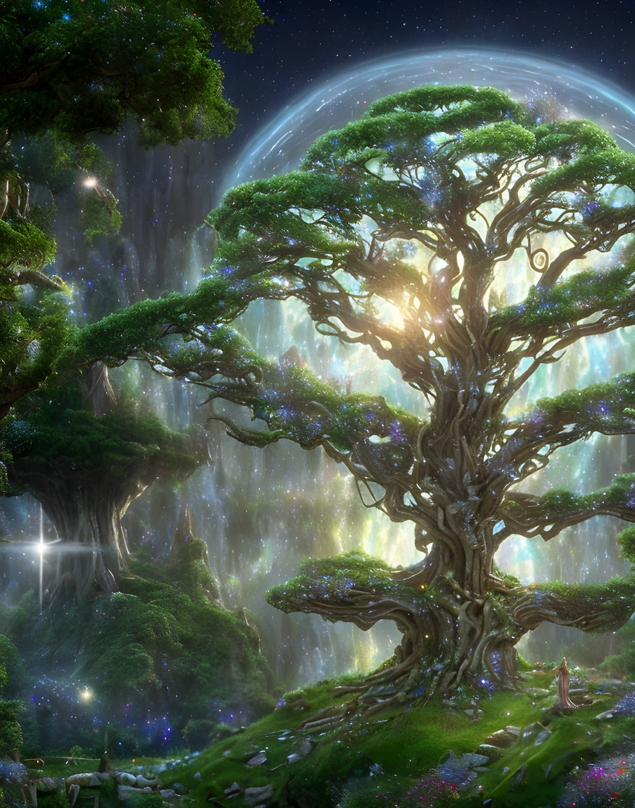 Majestic tree in enchanted forest with waterfalls and protective dome