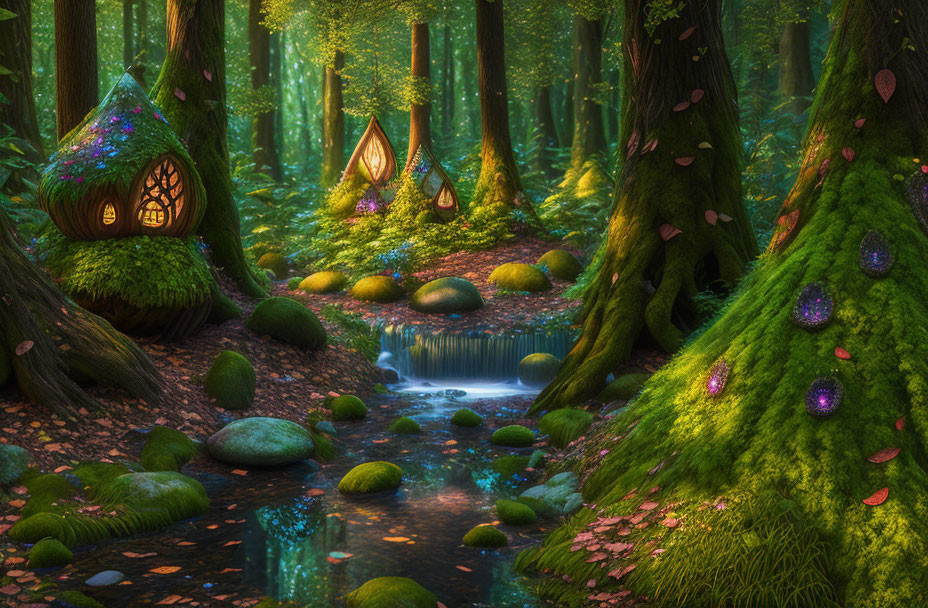 Enchanting forest scene with whimsical treehouses and sparkling lights