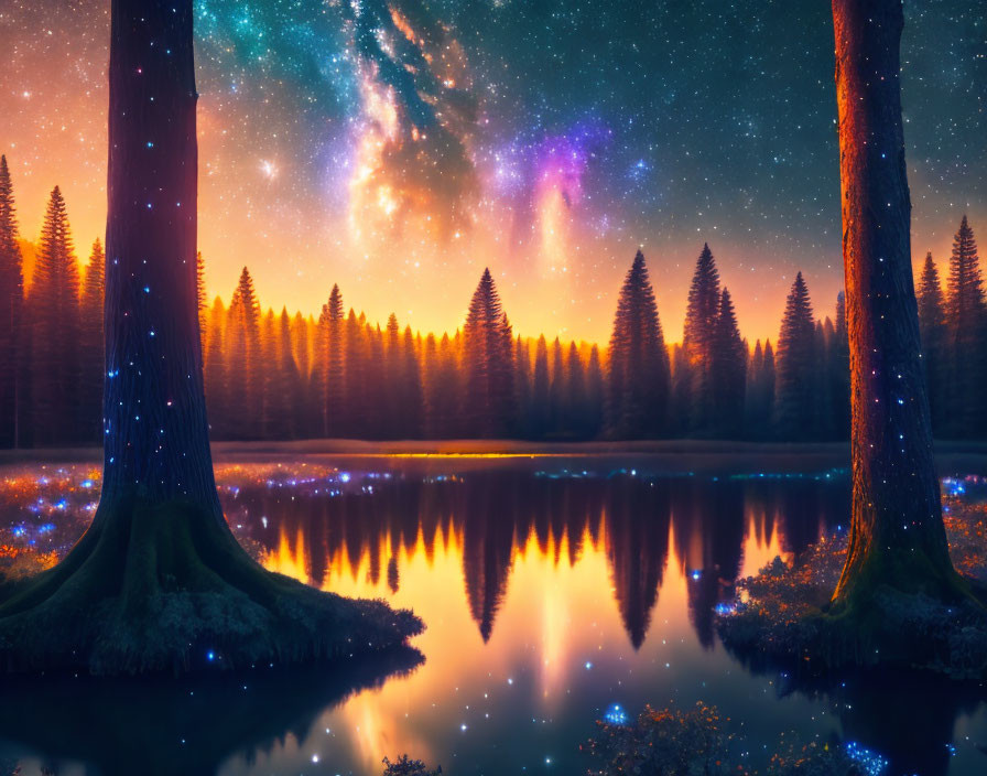 Tranquil Night Landscape: Starry Sky & Aurora Borealis over Forest Lake