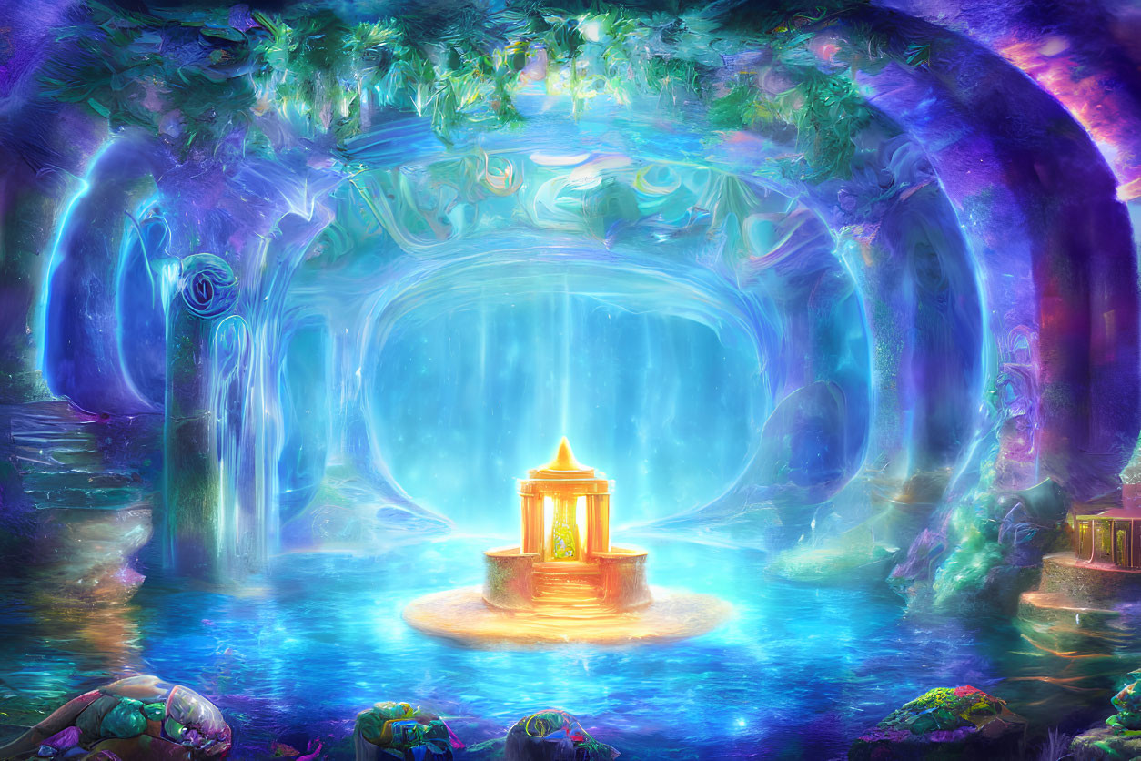 Mystical underwater scene with lantern, ruins, and blue light