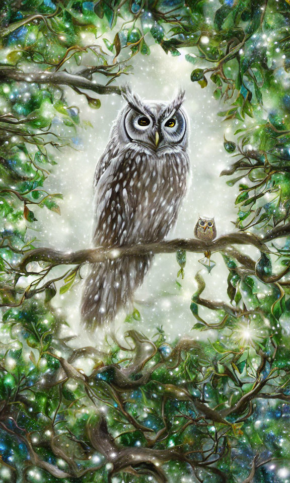 Illustrated owl with yellow eyes on branch in magical green forest