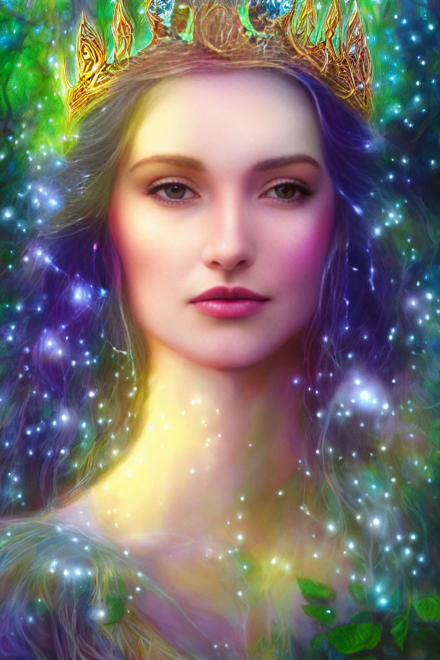 Serene woman with gold crown in mystical cosmic aura