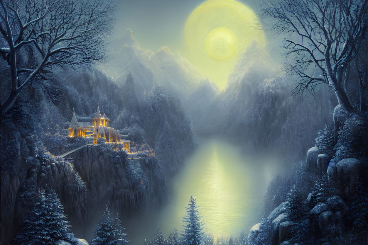 Fantastical nighttime landscape with glowing moon, snow-covered trees, mountains, reflective lake, and majestic